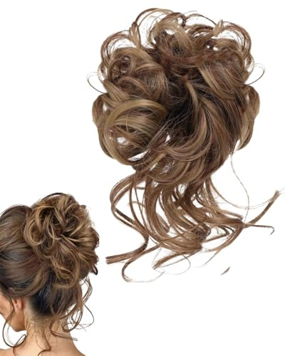 FUGLUS Haarteil Mit Gummiband,Mit Haaren Hochsteckfrisuren Haarverlängerung Messy Bun Haarteile,Groß Dutt Haarteil Gelockt Haargummi,Für Damen Mädchen Pferdeschwanz(12/24 braun Mix Hellbraun)