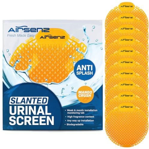 Airsenz Urinal Mats - Box of 10 Urinal Screens - 30% Higher Fragrance Content than other Brands- 30-60 Day Odour Control - Biodegradable after 2 years (Mango Crush)