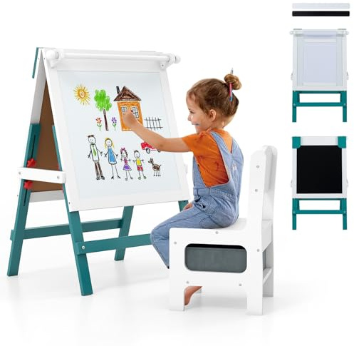 HOMASIS 3 in 1 Kindertafel mit Stuhl, doppelseitige Kinder Staffelei mit Papierrolle, Kreidetafel & Whiteboard, höhenverstellbare Spieltafel mit Aufbewahrungsbox, für Kinder ab 3 Jahren (Grün)