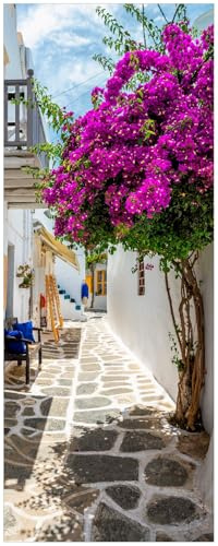 Wallario Glasbild Griechische Blütengasse - 50 x 125 cm Wandbilder Glas in Premium-Qualität: Brillante Farben, freischwebende Optik