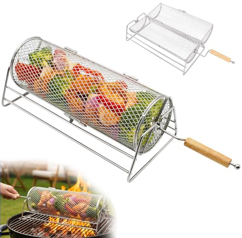 Yunkctuk Rollender Grillkorb, Edelstahl 304, Abnehmbarer Holzgriff, Nestendes Grillnetzrohr, Grillzubehör für Gemüse, Meeresfrüchte, Outdoor-Kochen, Camping, Geschenk für Papa, Männer