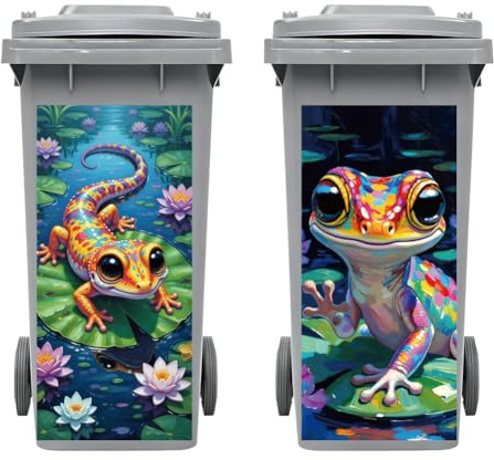 Peacoblue 2 Stück Mülltonnenaufkleber Bunter Gecko Auf Lotusblatt, 38×81 cm wasserdichte große Aufkleber für Behälter, Kühlschrank, Haus, Wanddekoration
