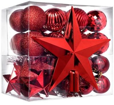 WeRChristmas 42-Piece Shatterproof Baubles Decoration Pack with Tree Topper & Garland - Red, Red
