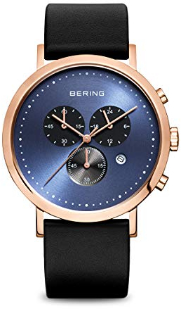 BERING Herren Quarz Uhr | Armbanduhr 40 mm roségoldenes Edelstahlgehäuse und schwarzes Zifferblatt | Kalbslederarmband | Saphierglas | 5 ATM | 10540-567
