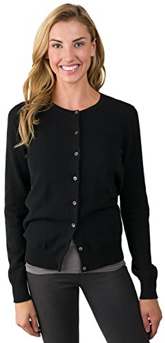 JENNIE LIU Women's 100% Cashmere Button Front Long Sleeve Crewneck Cardigan Sweater (1575, Black, Small)