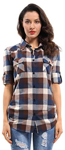 Phorecys Chemisier à Carreaux Chemise Femme Blouse Chic avec Bouton en Flanelle à Manches Longues Retroussée Style de Boyfriend Casual D055 Noir Blanc FR 48-50/2XL