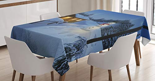 ABAKUHAUS Winter Tischdecke, Rustikale hölzerne Hütte, Personalisierter Druck mit Klaren Farben Waschbar Wasserfest kein Verblassen, 140 x 200 cm, Weiß Blau