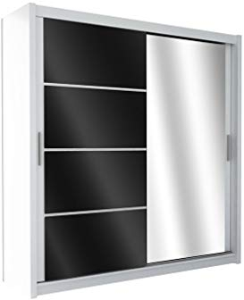 Furniture24 Kleiderschrank Brandon 150 Schlafzimmer 2 Türiger Schwebetürenschrank Schrank mit Kleiderstange 8 Einlegeboden Weiß/Schwarz Glas