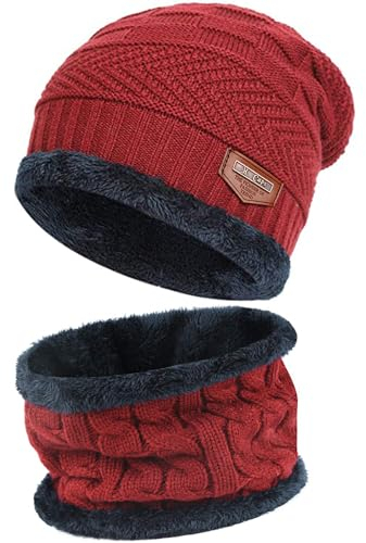 Bequemer Laden 2 Stücke Winter Beanie Mütze Schal Set Wolle Warme Strickmütze Dicke Fleecefutter Wintermütze & Schal für Herren und Damen, 1-Rot, Einheitsgröße