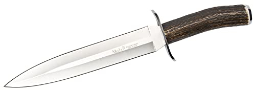 Muela Cuchillo de Caza Vikingo VIKINGO-23A con Hoja de Acero Inoxidable MoVa de 23 cm y empuñadura de asta de Ciervo de 13,5 cm para Caza, Pesca, Supervivencia y Bushcraft + Portabotellas de Regalo