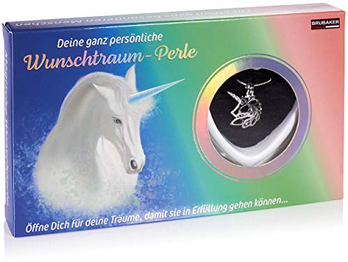 BRUBAKER Wunschtraum Wunschperle - Halskette mit Einhorn Anhänger + Muschel mit echter Perle als Schmuck Geschenkset