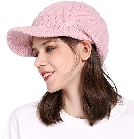 Comhats Winter Strickmütze Newsboy Mütze warme gestrickte Beanie mit Schirm Rosa
