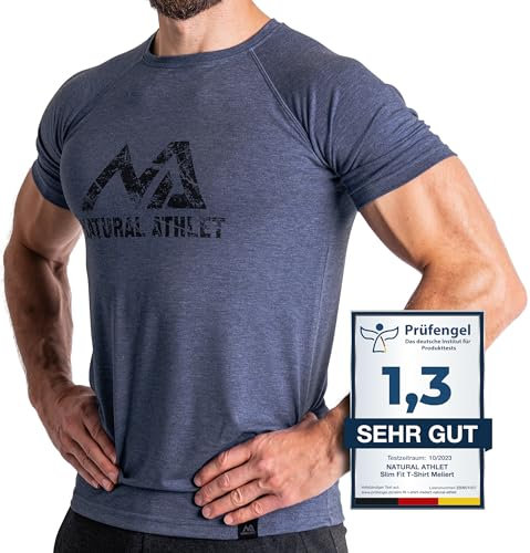 Natural Athlet Slim-Fit Fitness Tshirt für Herren – Enges & langes schnelltrocknendes Männer Kurzarm Gym T-Shirt – für Sport, Gym, Fitnessstudio, Workout, Bodybuilding und Krafttraining – Blau