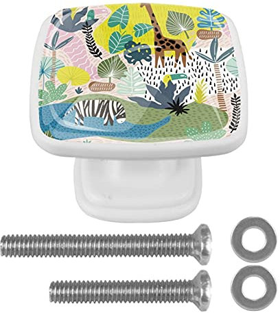 BestIdeas Lot de 4 boutons de tiroir carrés de 30 mm avec motif de forêt, de palmier, de zèbre et de girafe - Pour placard, armoire, commode, porte, meubles de décoration d'intérieur