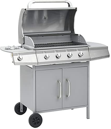 vidaXL Gasgrill 4+1 Brenner mit Rollen Grillwagen BBQ Grill Grillstation Standgrill Gartengrill Wagengrill Barbecue Outdoor Silbern Edelstahl