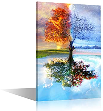 TISHIRON Baum Bild auf Leinwand Vier Jahreszeiten Baum Kunstdruck Rustikales Fertig zum Aufhängen für Büro Wohnzimmer Schlafzimmer Wanddekoration 45x30cm(18x12in) mit Rahmen