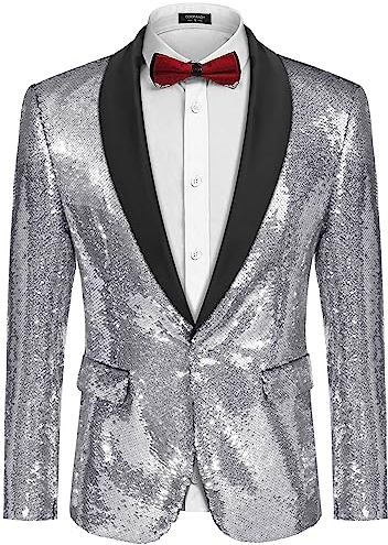 Coofandy Herren-Blazer mit glänzenden Pailletten, Smoking, Party, Abendessen, Abschlussball, EIN-Knopf-Anzugjacke, Silber, L