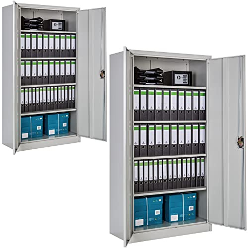 tectake® 2er Set Aktenschrank abschließbar, Stahl Büroschrank mit Fächern, höhenverstellbaren Einlageböden, 180 x 90 x 40 cm, für Office, Werkstatteinrichtung, Möbel für Arbeitszimmer - grau