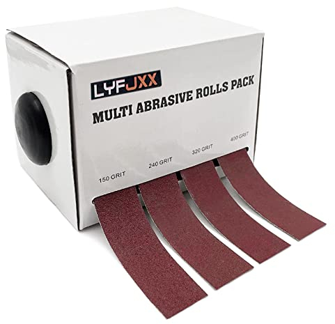 Schleifpapier auf der Rolle im Spender, 4 Rollen in verschiedenen Körnungen, Schmirgelpapier-Rollen, lang, für Holzbearbeitung, Metallpolieren, Körnung 150, 240, 320, 400, 8 m je Rolle