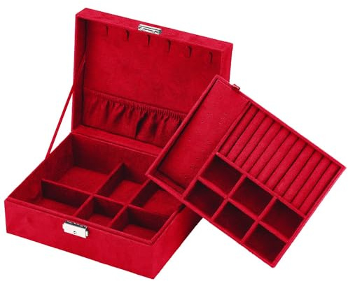 INTIRILIFE Schmuckschatulle mit 2 Ebenen ROT -23 x 13.5 x 9.5 cm- Abschließbare Schmuck Box Koffer Organizer zum Aufbewahren von Ringen Ketten Uhren Ohrringen und Armbändern- Reise Schmuckkästchen