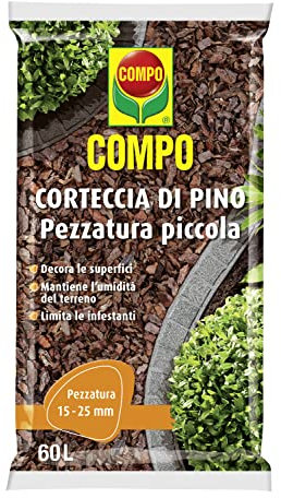 Compo Corteccia di Pino Piccola, Pezzatura Piccola, Per la Pacciamatura e la Decorazione, Consentito in Agricoltura Biologica, Sacco 60 L, Pezzatura piccola (15-25 mm)