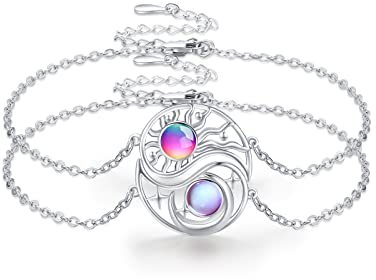 Waysles 2 Stücke Bff Armband Mond Sonne 925 Sterling Silber Schwestern Armband Runden Kristallen Sonne Mond Freundschaftsarmband Bff Schmuck für 2 Mädchen