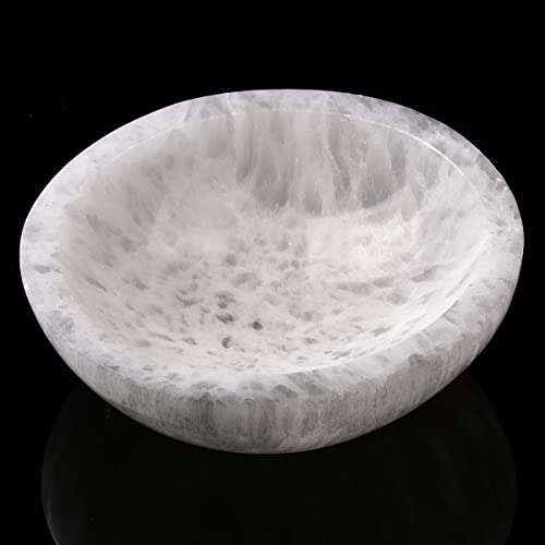 JIC Gem Round Selenite Bowl Hand Carved Moroccan Selenite Crystal Bowl for Charging, Healing, Home Decor 4 Inch