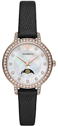 Emporio Armani Orologio da donna, movimento a fasi lunari, cassa in acciaio inossidabile riciclato da 32 mm in oro rosa (almeno 50%) con cinturino in pelle, AR11514