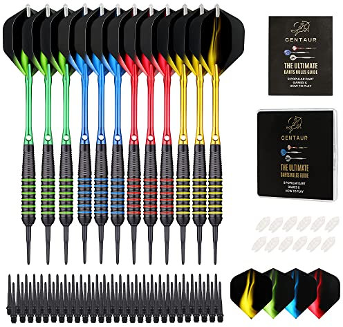 centaur 12 Stück Dartpfeile mit weicher Spitze, professionelle 18 Gramm Kunststoffspitze mit 4 Premium Aluminiumschäften, 100 Dartspitzen, 16 Dart Flights und Dart Etui für elektronische Dartscheibe