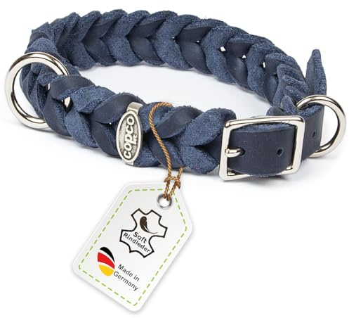 CopcoPet Hundehalsband aus Fettleder 40–44 cm x 25mm Marineblau – Geflochtenes Lederhalsband – verchromt mit Dornschließe – Robust & verstellbar – Für mittelgroße Hunde, ideal für Alltag & Training