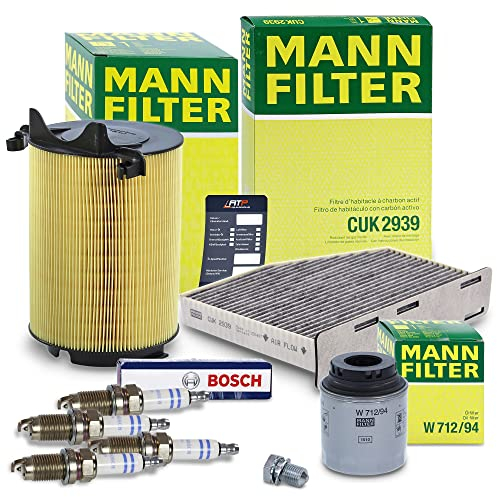 MANN-FILTER Inspektionspaket Filterset 1x Ölfilter, 1x Luftfilter, 1x Innenraumfilter (Aktivkohlefilter), 4x Zündkerze, 1x Ölablassschraube, 1x Ölwechselanhänger,