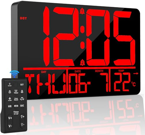 XREXS Wanduhr Digital mit Fernbedienung, 13 Zoll Auto Dimming LED Digitaluhr, große Anzeige Timer, Digital Wecker mit 2-Wecker, 25 Klingeltöne, für Home Gym Büro und Klassenzimmer