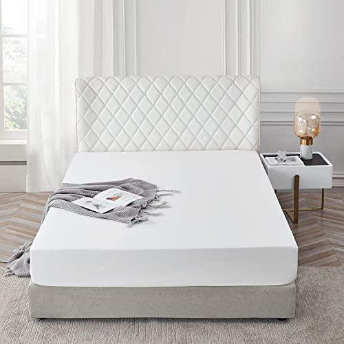 Double Fitted Sheet 100% Egyptian Cotton 300 TC, Breathable Extra Deep Fitted Sheets Double Bed, Hotel Quality 30 Cm Fitted Bed Sheets (White)