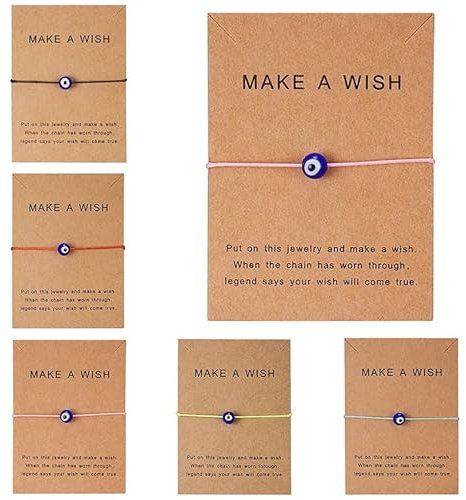 lot de 6 bracelets oeil contre le mauvais oeil porte bonheur - réglable femme homme enfant - hamsa - perles plates bleu - carton make a wish