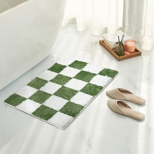 Tititex Luxuriöser Badezimmerteppich, kariertes Gittermuster, 40,6 x 61 cm, klassisches Schachbrett, extra weich und saugfähig, Mikrofaser-Badteppich, rutschfester Plüsch-Badteppich für