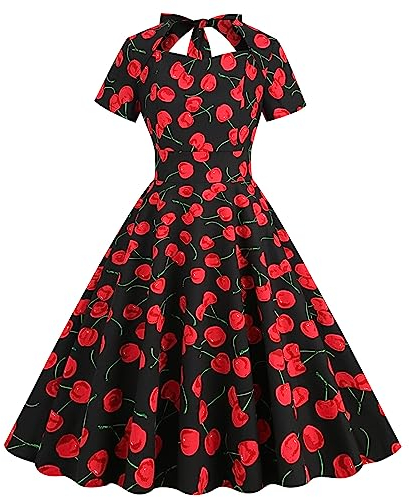 Damen 50er 60er Vintage ärmelloses Cocktailkleid Swing Kleid 1950er Jahre Polka Dot Floral Audrey Rockabilly Abschlussball Partykleid mit Gürtel, Schwarz (Black Cherry), Mittel