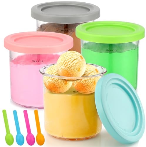 Lot de 4 Bacs à Crème Glacée pour Ninja Creami, Récipients à Crème Glacée avec Couvercles e 4 Cuillères, Dessert Tubs, Passe Au Lave-Vaisselle Contenants Ninja Creami pour Pintes Crème Glacée