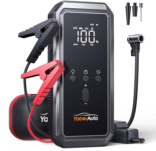 YaberAuto Arrancador de Baterias de Coche con Compresor de Aire, 4500A Arrancador de Coches Portatil(para 9,0L de Gasolina o 8,0L de Diesel) con Inflador de 150 PSI, Gran Pantalla
