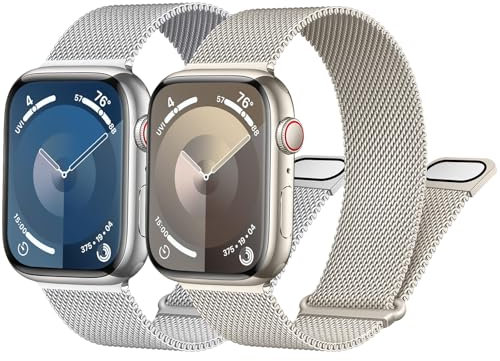 LEIXIUER 2 Pack Correa para Apple Watch 38mm 40mm 41mm Milanese Loop Correa Acero Inoxidable Malla Metálica Pulsera Cerradura Magnética para iWatch Series 9 8 7 6 5 4 3 2 SE(Plateado/Starlight)