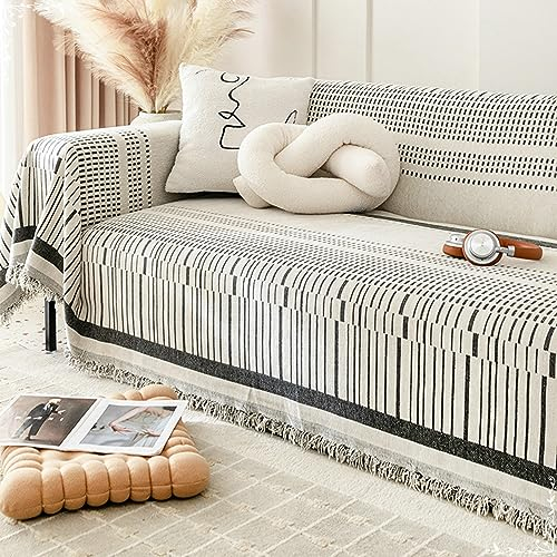 Mesnt Sofabezug Recamiere, Chenille Sofaschoner Überwurfdecke Sofaschutz für Katze/Hunde mit Streifen mit Quaste Schwarz, 180x230CM
