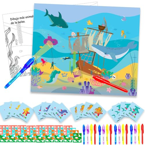 Boligrafos tintas Invisibles y libretas pequeñas Pack de 16 Bolsas en Temas de Salvar el Oceano, Pack de Regalo de Fiesta de cumpleaños para niños y niñas Colegio