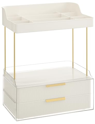 SONGMICS Make-up Organizer 4 Ebenen, Kosmetik-Organizer, 4 Trennwände, Make-up Box für Schminktisch, rutschfest, Badezimmer, Schlafzimmer, Küche, 20 x 32 x 39,1 cm, wolkenweiß JKA021W01