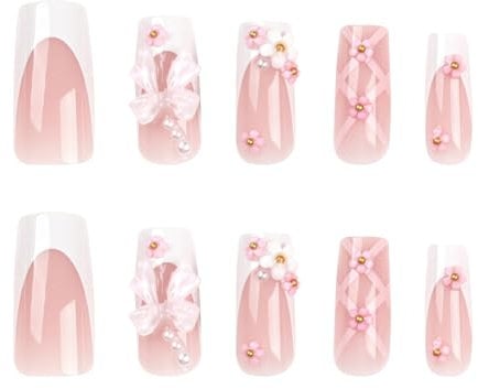 Press On Nails With Cute Bowknot Square 3D Flower Decoration Long Pink Artificial Nails For Women And Girl Nail Design