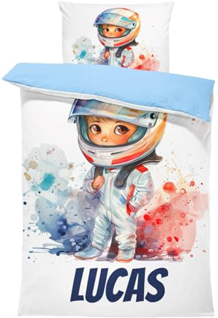 Pictogogo Rennfahrer-Design Kleinkindbettwäsche für Jungen, Personalisierte Bettwäsche mit Namen, Wasserfarben Motiv, Komplett Set mit Reißverschluss, Oeko-TEX Standard 100, 100 x 135 cm