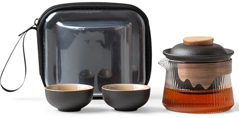 fanquare Service à Thé de Voyage Portatif Théière en Verre Chinoise Kung Fu en Porcelaine Noire avec Infuseur Mini 1 Pot 2 Tasses pour Adultes