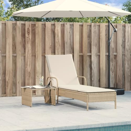 Homgoday Sonnenliege mit Rollen und Auflage Gartenliege 3-Fach Verstellbare Rückenlehne Relaxliege Gartenmöbel Liege Liegestuhl Strandliege Gartenmöbel 110 KG Belastung Beige Poly Rattan