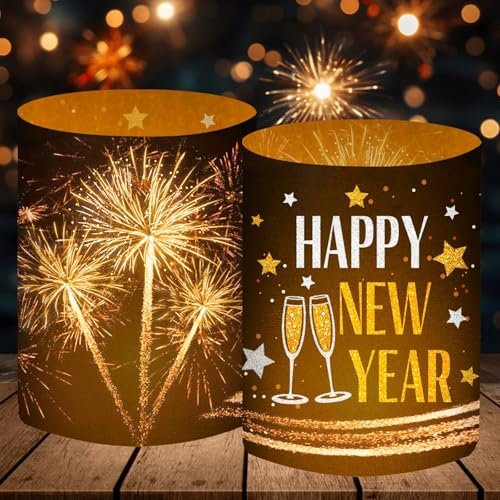 12 Windlicht Tischdeko Silvester, Silvester Deko 2025, Happy New Year Deko 2025, Silvesterdeko Party Set, Geeignet für Teelichter oder Kerzen