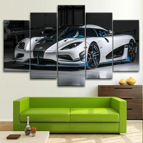 FatAco 5 Paneele Leinwand mit Rahmen Koenigseg Agera White Car Racing Bild Kunstdruck Leinwand Gemälde Wandmalerei Home Office Wohnzimmer Schlafzimmer Dekoration Ready to Hang