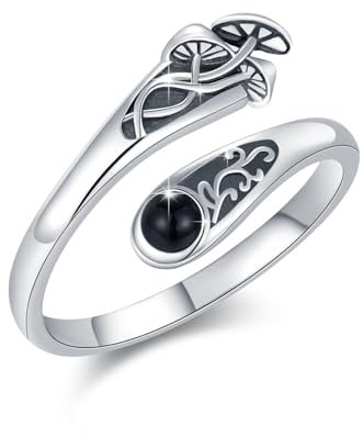 Pilz Ringe 925 Sterling Silber gotischer Pilz Löffelringe mit schwarzem Achat Einstellbar Löffelring Hexen Pilz Schmuck Geschenk für Damen Größe 8#