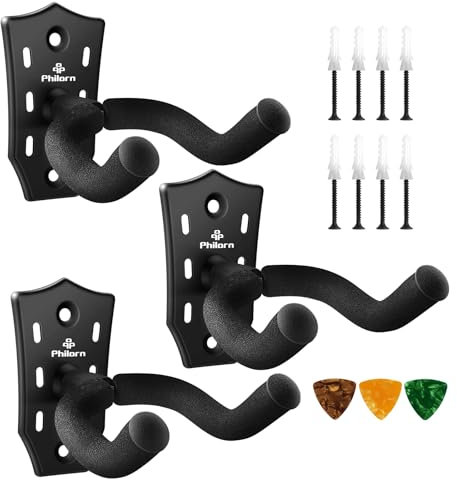 Philorn Gitarrenhalter für Die Wand 3 Stück, Gitarrenhalterung Wand mit Drehbarer Schwammhaken für Akustikgitarre, Bass, E-Gitarre, Ukulele, elektrische Gitarre(Schwarz)